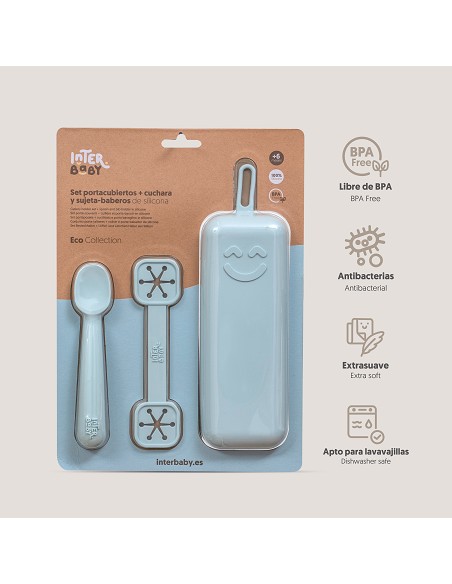 Set Portacubiertos+Cuchara+Sujeta Baberos  de Silicona Azul Grisaceo