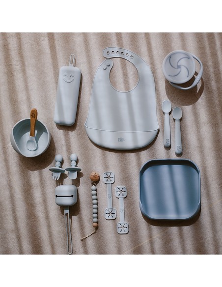 Set Portacubiertos+Cuchara+Sujeta Baberos  de Silicona Azul Grisaceo