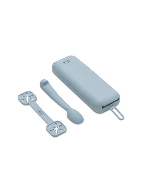 Set Portacubiertos+Cuchara+Sujeta Baberos  de Silicona Azul Grisaceo