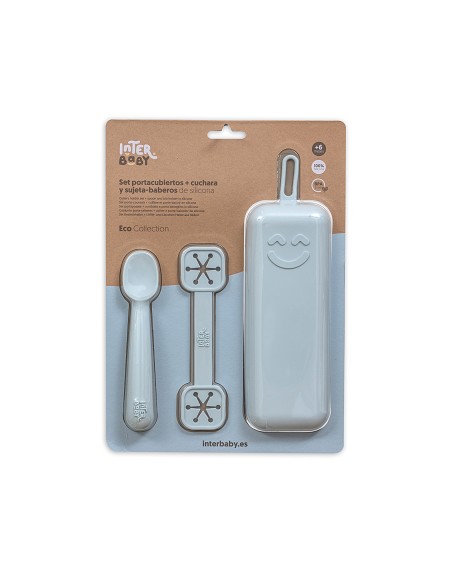 Set Portacubiertos+Cuchara+Sujeta Baberos  de Silicona Azul Grisaceo