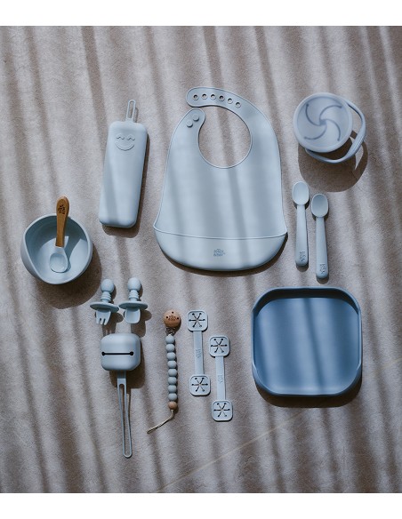 Set Portacubiertos+Cuchara+Sujeta Baberos  de Silicona Azul Grisaceo