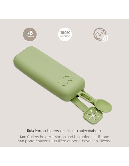 Set Portacubiertos+Cuchara+Sujeta Baberos  de Silicona Verde Oliva