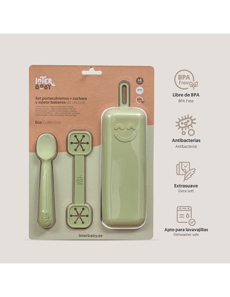 Set Portacubiertos+Cuchara+Sujeta Baberos  de Silicona Verde Oliva