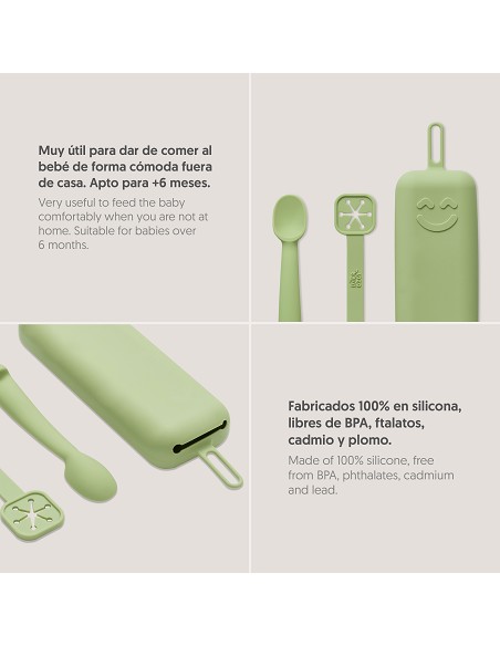 Set Portacubiertos+Cuchara+Sujeta Baberos  de Silicona Verde Oliva