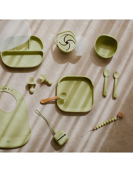 Set Portacubiertos+Cuchara+Sujeta Baberos  de Silicona Verde Oliva