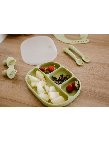 Set Portacubiertos+Cuchara+Sujeta Baberos  de Silicona Verde Oliva