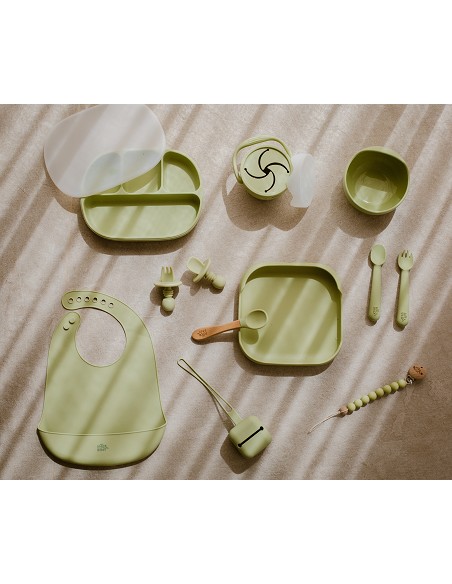 Set Portacubiertos+Cuchara+Sujeta Baberos  de Silicona Verde Oliva