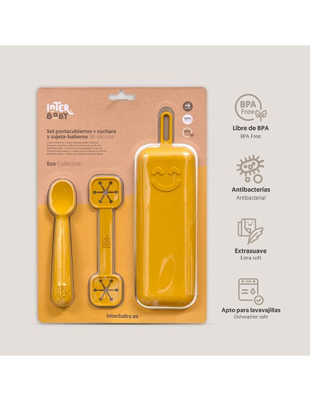 Set Portacubiertos+Cuchara+Sujeta Baberos  de Silicona Ocre Tierra