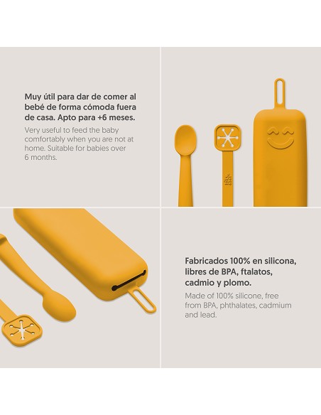Set Portacubiertos+Cuchara+Sujeta Baberos  de Silicona Ocre Tierra