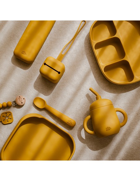 Set Portacubiertos+Cuchara+Sujeta Baberos  de Silicona Ocre Tierra