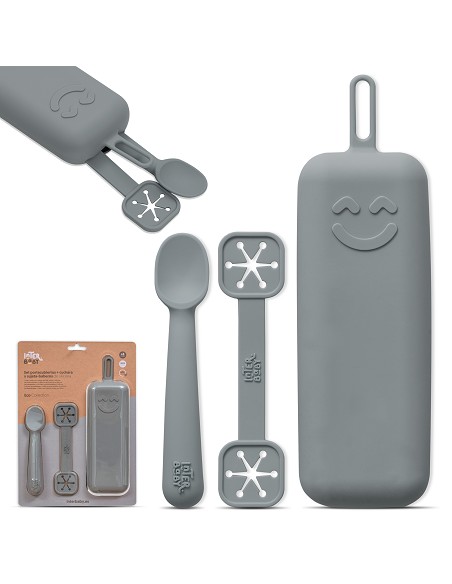 Set Portacubiertos+Cuchara+Sujeta Baberos  de Silicona Gris Petroleo