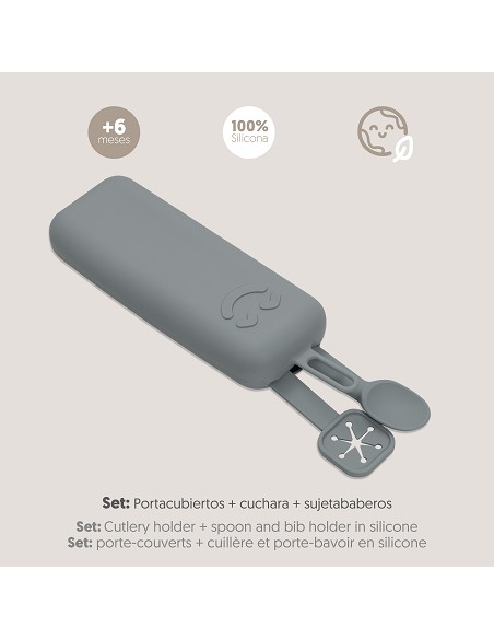 Set Portacubiertos+Cuchara+Sujeta Baberos  de Silicona Gris Petroleo