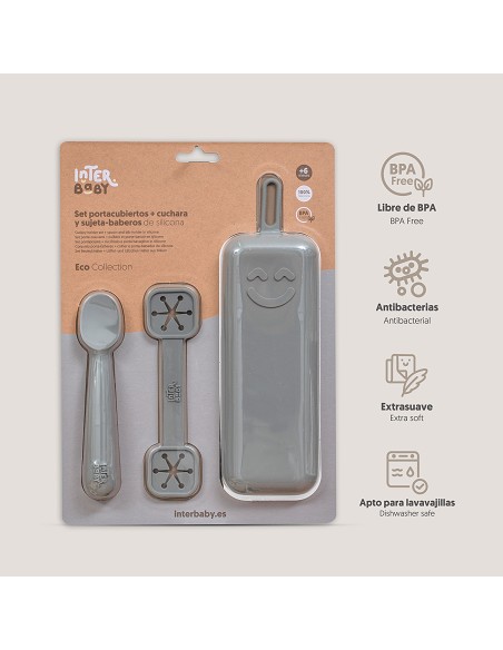 Set Portacubiertos+Cuchara+Sujeta Baberos  de Silicona Gris Petroleo
