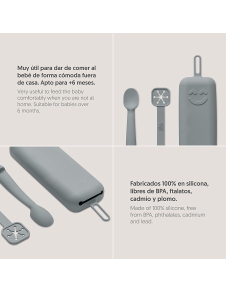 Set Portacubiertos+Cuchara+Sujeta Baberos  de Silicona Gris Petroleo