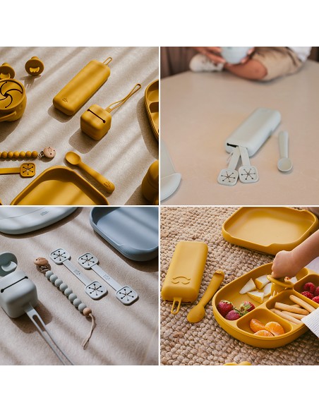 Set Portacubiertos+Cuchara+Sujeta Baberos  de Silicona Gris Petroleo