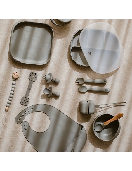 Set Portacubiertos+Cuchara+Sujeta Baberos  de Silicona Gris Petroleo