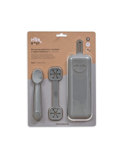Set Portacubiertos+Cuchara+Sujeta Baberos  de Silicona Gris Petroleo