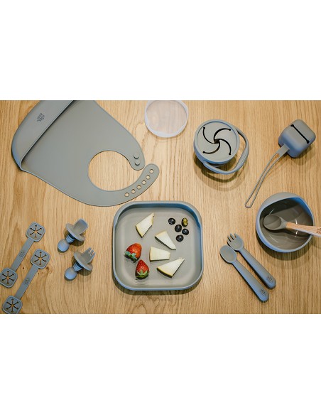 Set Portacubiertos+Cuchara+Sujeta Baberos  de Silicona Gris Petroleo