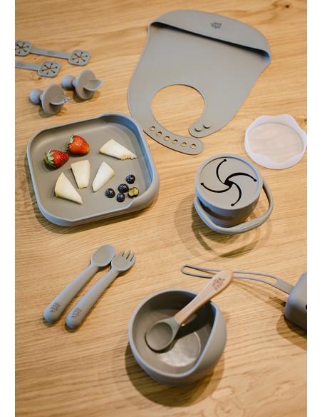 Set Portacubiertos+Cuchara+Sujeta Baberos  de Silicona Gris Petroleo