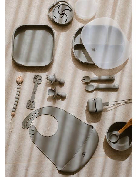 Set Portacubiertos+Cuchara+Sujeta Baberos  de Silicona Gris Petroleo