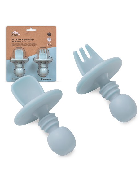 Set Cubiertos Aprendizaje  de Silicona Azul Grisaceo
