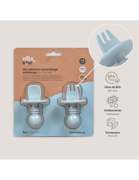 Set Cubiertos Aprendizaje  de Silicona Azul Grisaceo