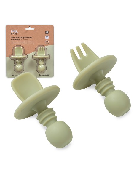 Set Cubiertos Aprendizaje  de Silicona Verde Oliva