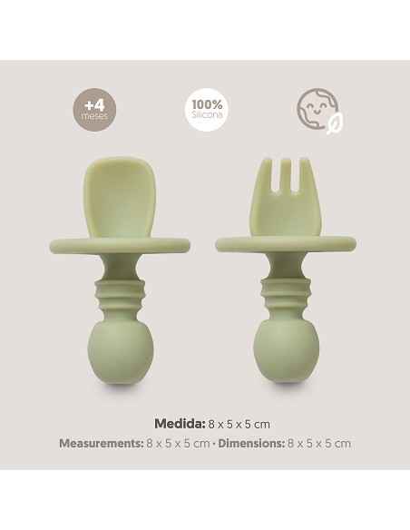 Set Cubiertos Aprendizaje  de Silicona Verde Oliva
