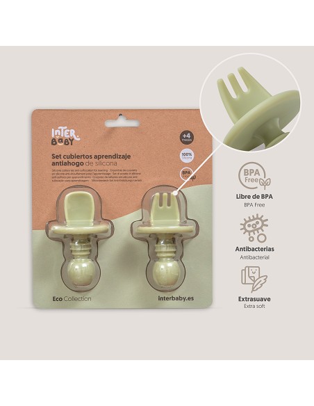 Set Cubiertos Aprendizaje  de Silicona Verde Oliva