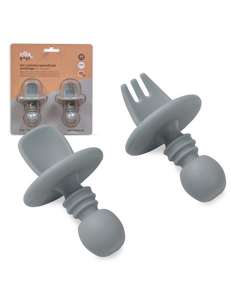 Set Cubiertos Aprendizaje  de Silicona Gris Petroleo