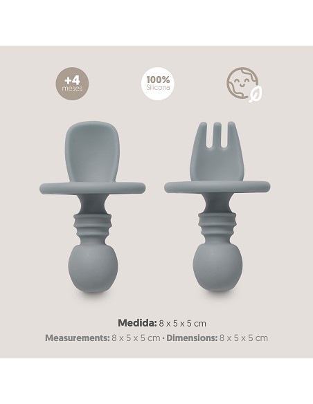 Set Cubiertos Aprendizaje  de Silicona Gris Petroleo