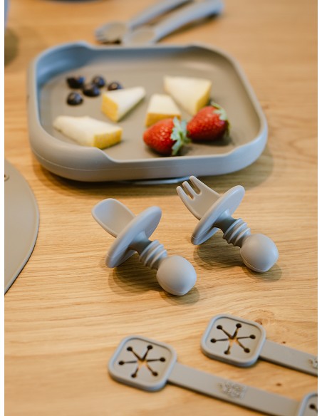 Set Cubiertos Aprendizaje  de Silicona Gris Petroleo