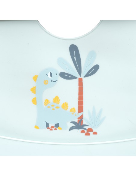 Babero Silicona Estampaddo Modelo Dino Azul Grisaceo