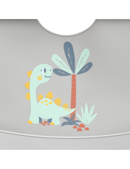 Babero Silicona Estampaddo Modelo Dino Gris Petroleo