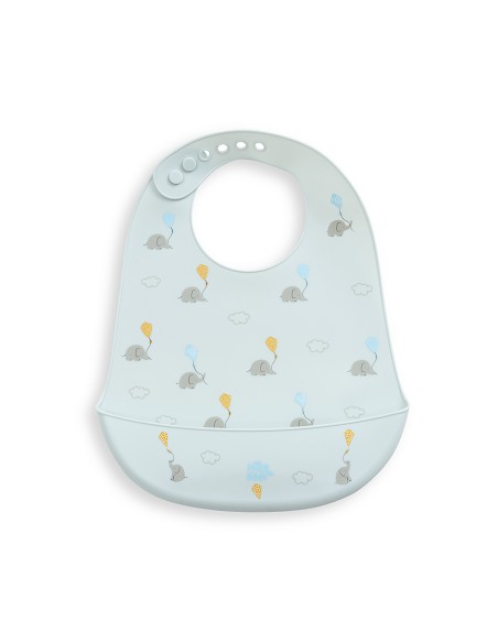 Babero Silicona Estampaddo Modelo Elefantes Azul Grisaceo