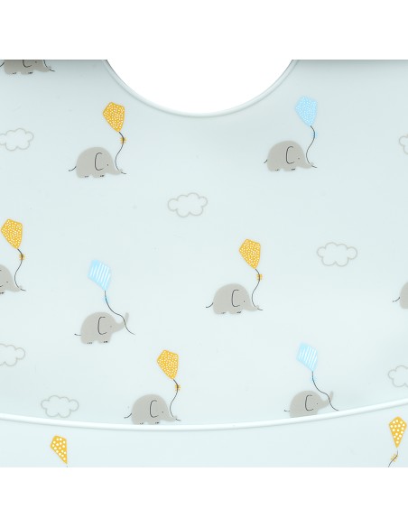 Babero Silicona Estampaddo Modelo Elefantes Azul Grisaceo