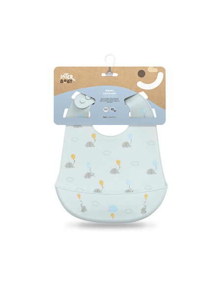 Babero Silicona Estampaddo Modelo Elefantes Azul Grisaceo
