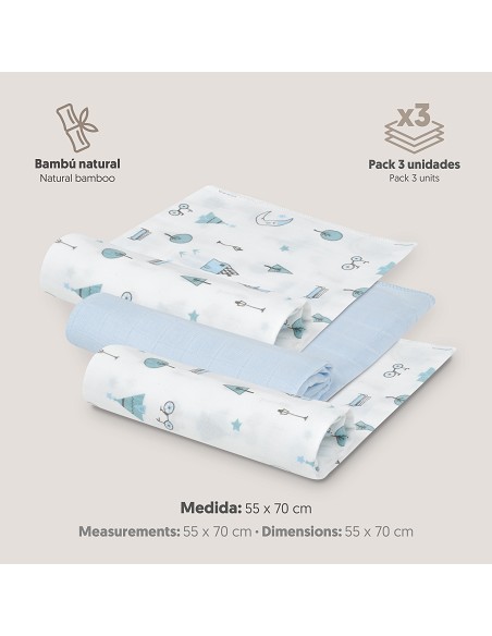 Gasas Bambu 55X70 Mod Moon Pack 3 Azul
