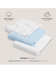 Gasas 80X80 Pack3 Modelo Conejitos Estrellas Azul 2