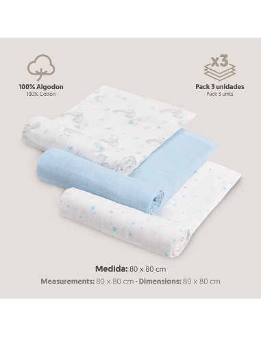 Gasas 80X80 Pack3 Modelo Conejitos Estrellas Azul