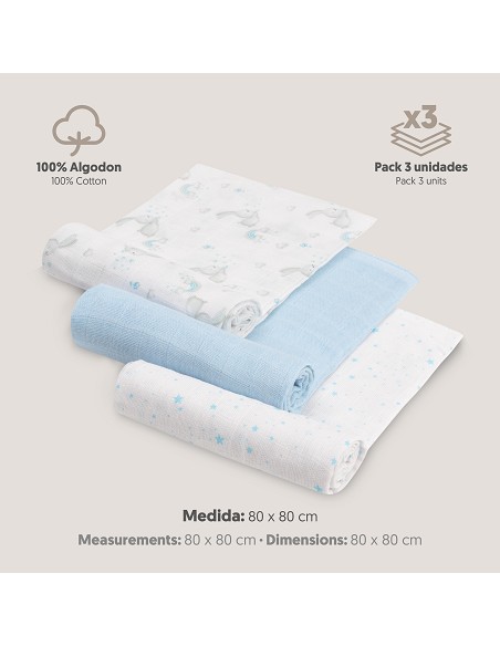Gasas 80X80 Pack3 Modelo Conejitos Estrellas Azul