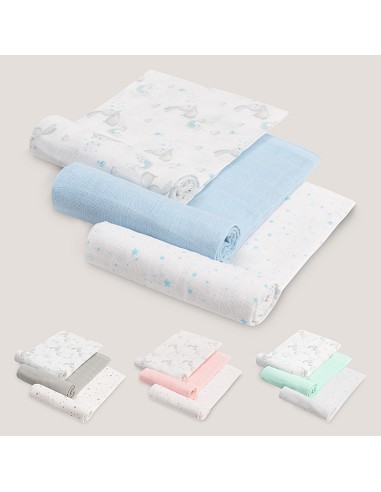 Gasas 80X80 Pack3 Modelo Conejitos Estrellas Azul