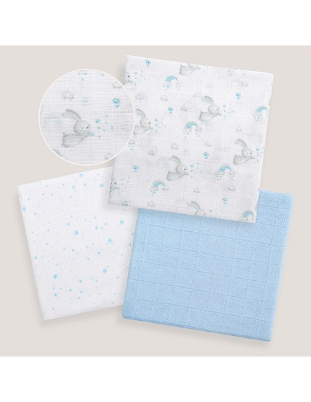Gasas 80X80 Pack3 Modelo Conejitos Estrellas Azul