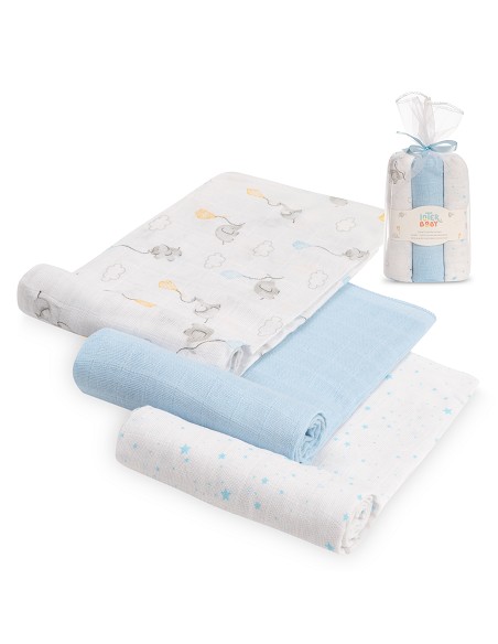 Gasas 80X80 Pack3 Modelo Elefantes Estrellas Azul