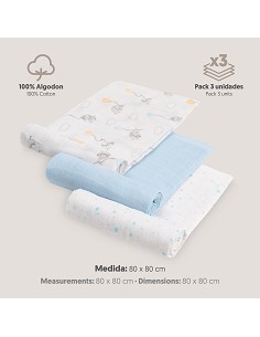 Gasas 80X80 Pack3 Modelo Elefantes Estrellas Azul 2