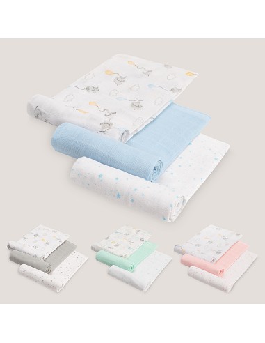 Gasas 80X80 Pack3 Modelo Elefantes Estrellas Azul