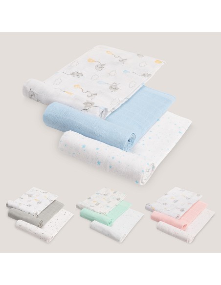 Gasas 80X80 Pack3 Modelo Elefantes Estrellas Azul