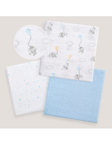 Gasas 80X80 Pack3 Modelo Elefantes Estrellas Azul