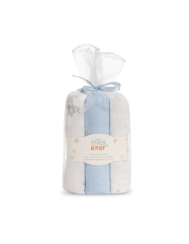 Gasas 80X80 Pack3 Modelo Elefantes Estrellas Azul