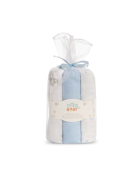 Gasas 80X80 Pack3 Modelo Elefantes Estrellas Azul